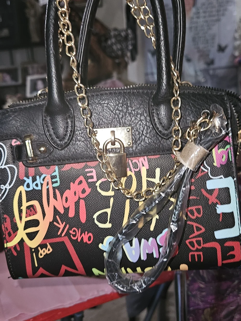 Black Graffiti-Print Satchel Handbag with Gold Lock